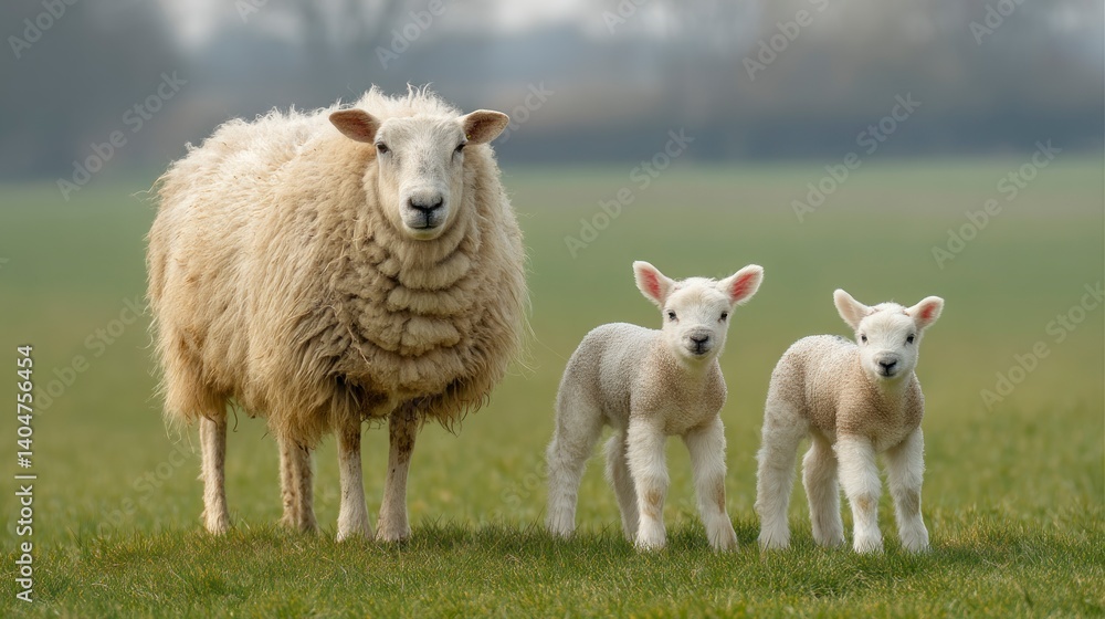 Obraz premium Mother Sheep and Lambs in a Pastoral Spring Scene
