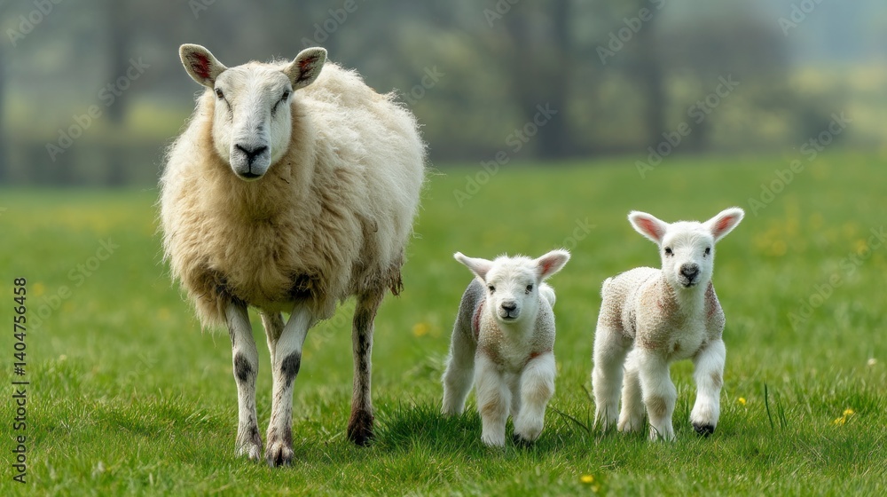 Ewe and Lambs in Spring Pasture: A Pastoral Scene Ewe and Lambs in Spring Pasture: A Pastoral Scene