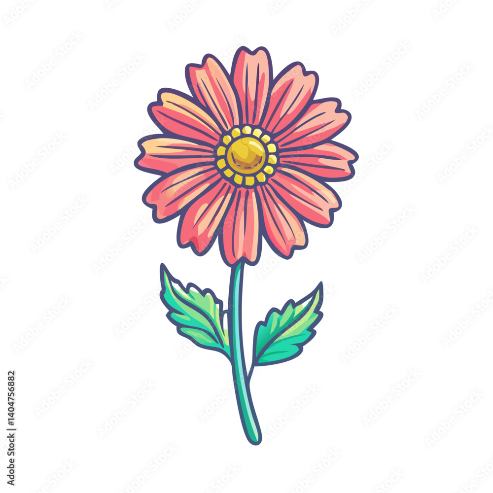 A Vibrant Pink Daisy Flower with Green Leaves Illustration A Vibrant Pink Daisy Flower with Green Leaves Illustration