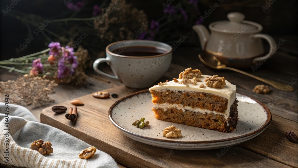 Carrot Cake and Tea: A delectable slice of moist carrot cake, adorned with creamy frosting and walnuts, sits on a rustic wooden table alongside a steaming cup of tea and assorted spices. Carrot Cake and Tea: A delectable slice of moist carrot cake, adorned with creamy frosting and walnuts, sits on a rustic wooden table alongside a steaming cup of tea and assorted spices.
