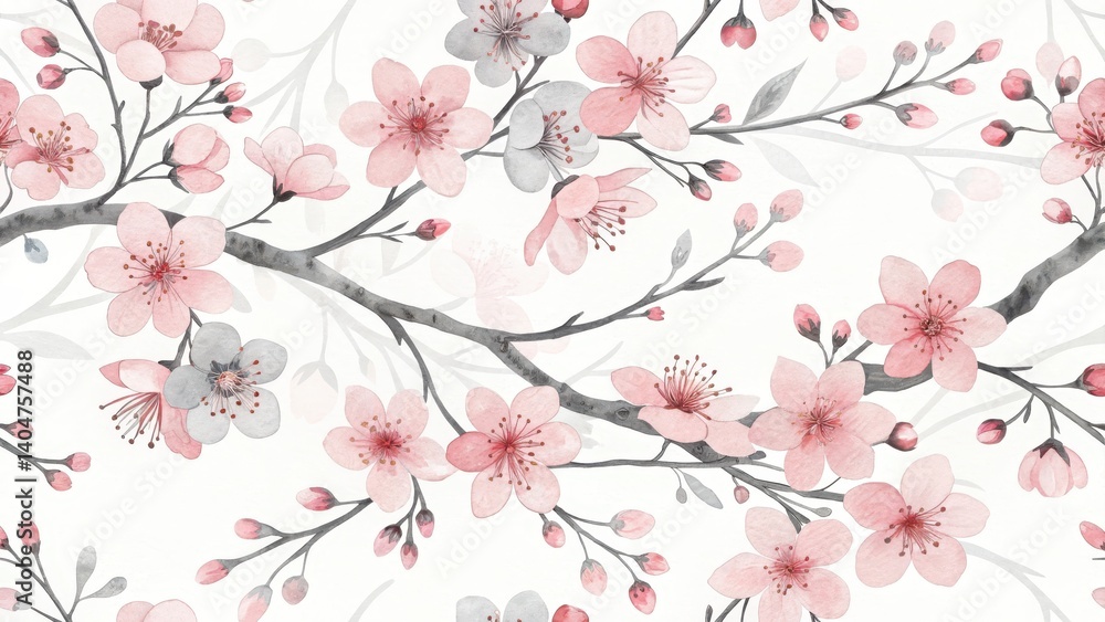 Fototapeta premium Blooming Cherry Blossom Branches: Delicate pink and white cherry blossoms unfurl on twisting branches.