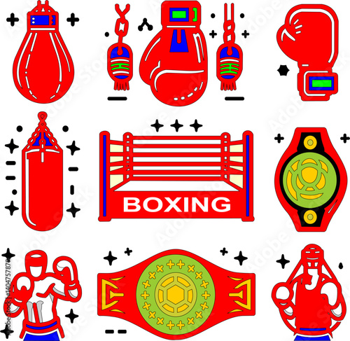 Colorful Boxing Icons and Boxer Illustrations Set