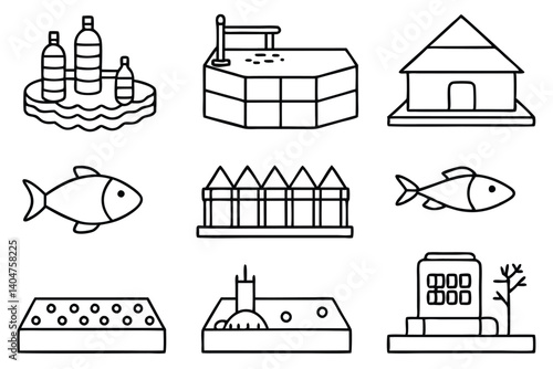 Adobe Illustrator ArtworkAquaculture facility line art modern hatchery layout diagram