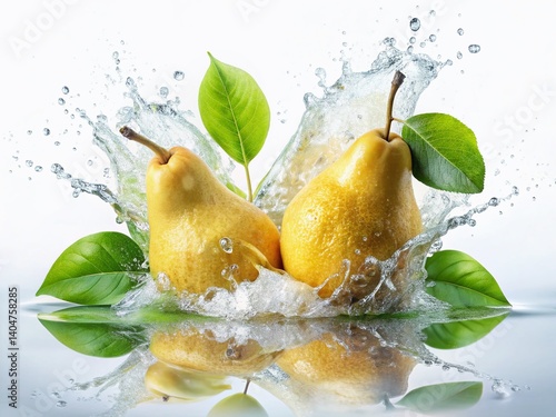 Juicy Pear Splash: Two ripe yellow pears are captured mid-splash as they fall into clear, refreshing water, surrounded by vibrant green leaves, creating a dynamic and invigorating image.