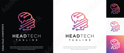 human head smart brain technology logo design template. human head, mind and technology logo icon