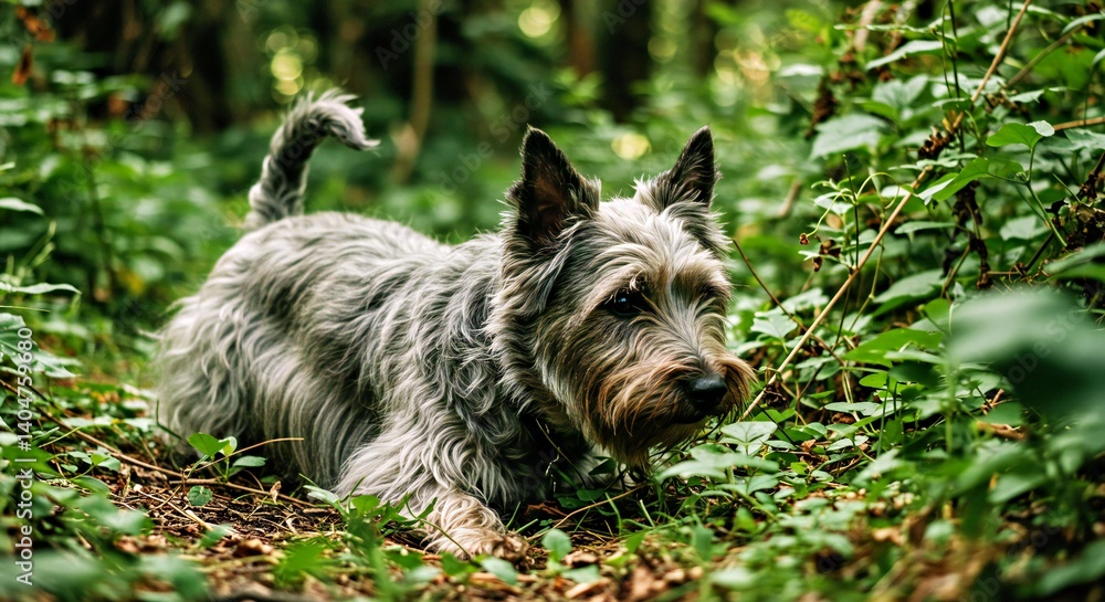 Vigilant Skye Terrier Hunting Position Intently Surveying Lush Forest Undergrowth Jungle Scene Alert Canine Animal Vigilant Skye Terrier Hunting Position Intently Surveying Lush Forest Undergrowth Jungle Scene Alert Canine Animal
