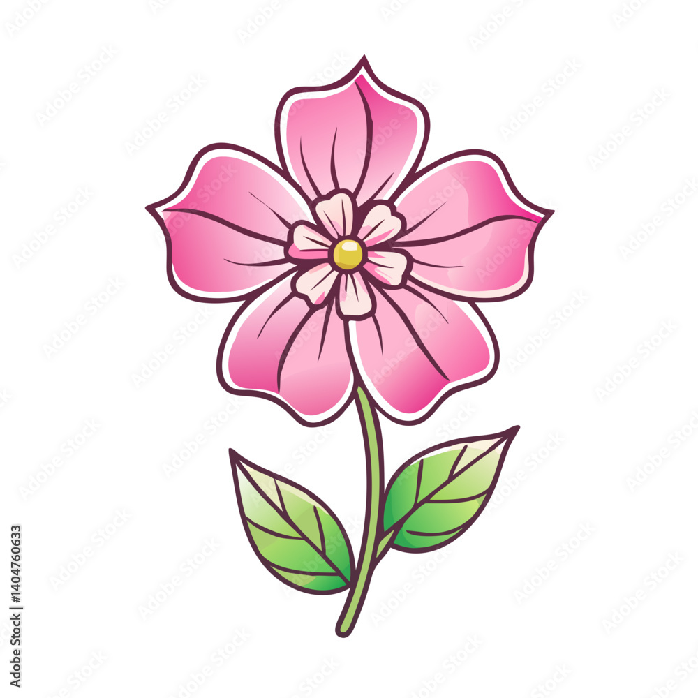 Obraz premium A Delicate Pink Flower with Green Leaves Botanical Illustration