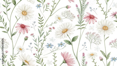 Wallpaper Mural Floral Harmony: A seamless floral pattern featuring a tapestry of wildflowers and delicate foliage, evoking the grace and beauty of nature's artistry. Torontodigital.ca
