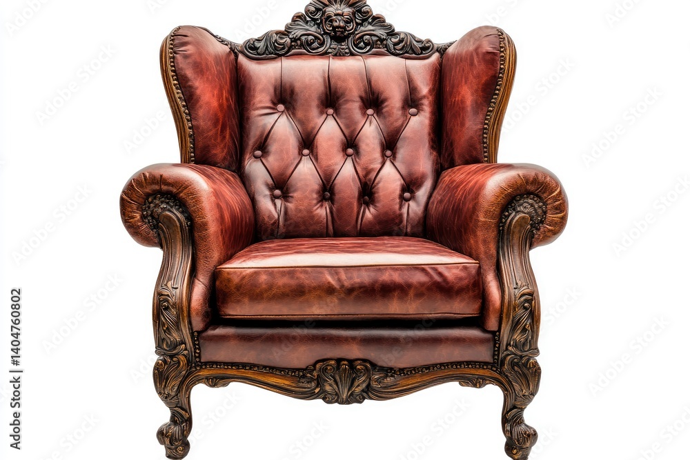 Ornate Leather Armchair with Button Tufting on White Background Ornate Leather Armchair with Button Tufting on White Background