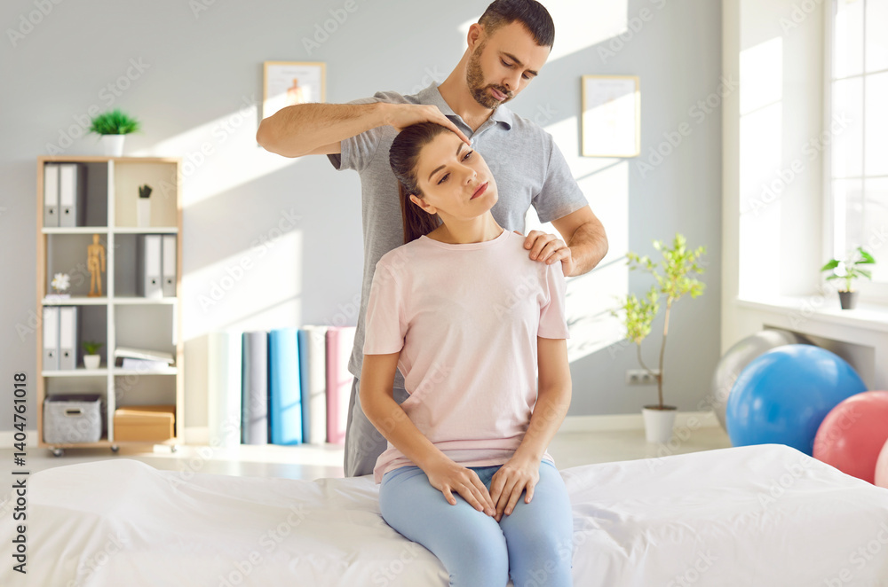 Head and neck massage for female patient, manual therapy rehabilitation, physical therapist doing manipulative therapy. Medical session to relieve tension, reduce headache, increase relaxation, health