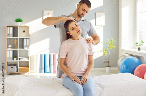 Obraz na płótnie Head and neck massage for female patient, manual therapy rehabilitation, physical therapist doing manipulative therapy. Medical session to relieve tension, reduce headache, increase relaxation, health w salonie