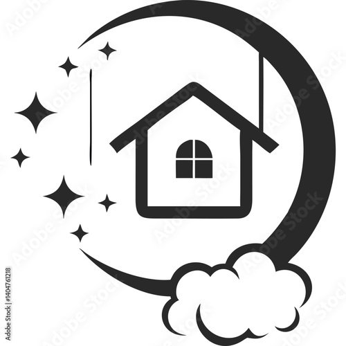 Dream house icon, crescent moon, stars, cloud.