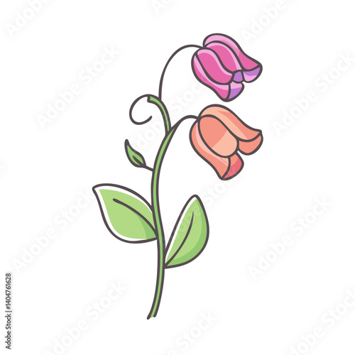Delicate illustration of a flowering plant with two drooping blossoms and vibrant green leaves