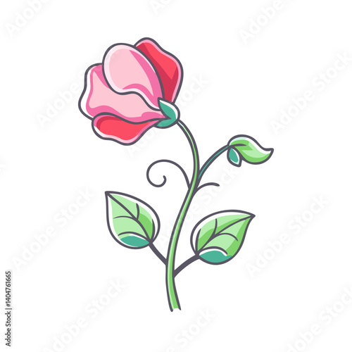 Charming illustration of a single sweet pea flower with vibrant pink and red petals and lush green leaves