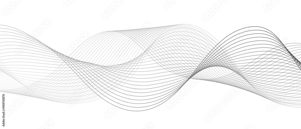 Minimalist abstract wave design consisting of smooth, flowing black and gray lines on a white background. Modern digital and geometric  technology themes & data visualizations, scientific concept