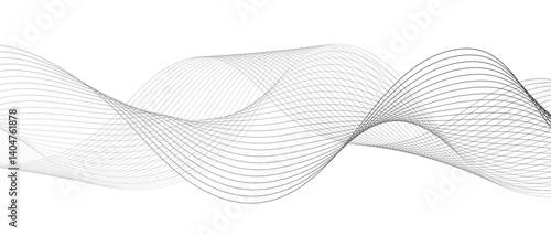 Minimalist abstract wave design consisting of smooth, flowing black and gray lines on a white background. Modern digital and geometric  technology themes & data visualizations, scientific concept