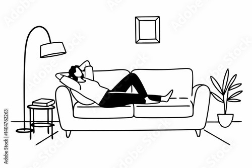 Calm relaxed mature older woman relaxing sitting on couch at home. Peaceful middle aged grey-haired lady resting on sofa in modern living room enjoying lounge and no stress, looking away, thinking