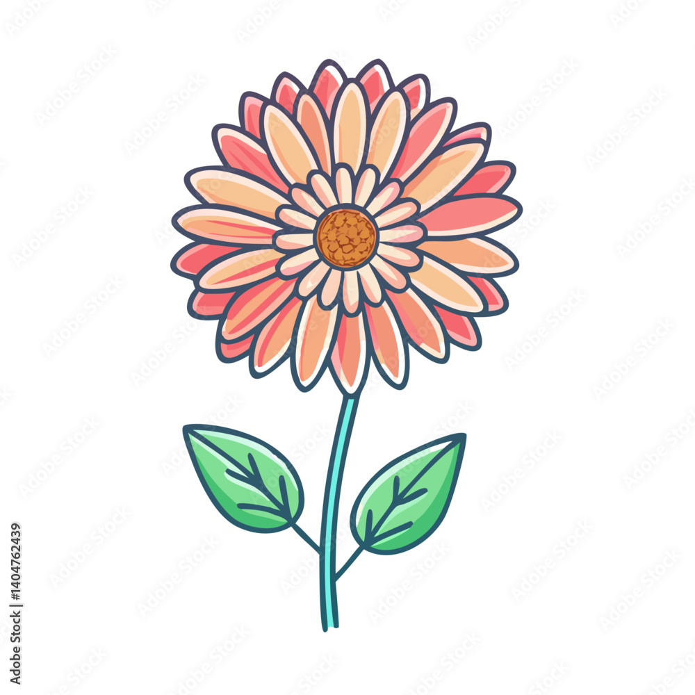 A delightful illustration of a vibrant pink gerbera daisy with two lush green leaves attached to a slender teal stem A delightful illustration of a vibrant pink gerbera daisy with two lush green leaves attached to a slender teal stem