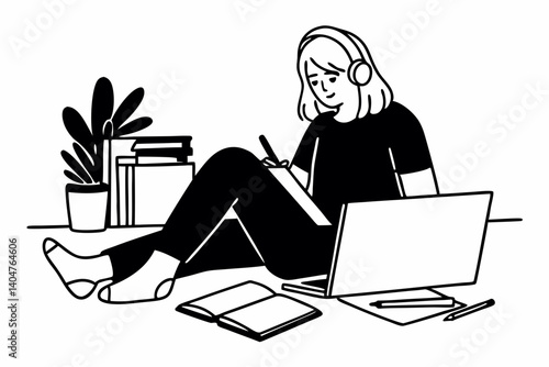 Focused hipster teen girl school college student pink hair wear headphones write notes watching webinar online video conference calling on laptop computer sit on floor working learning online at home