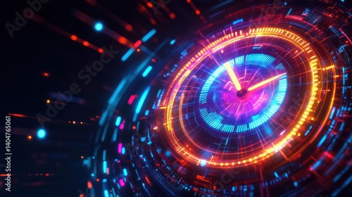 Futuristic glowing clock with vibrant neon lights and digital effects, symbolizing time, technology, and speed.