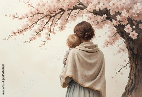 A soft watercolor painting of a mother holding her child close