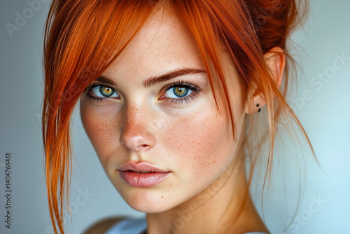 A woman with red hair and blue eyes looking at the camera
