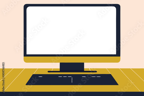 Isolated Desktop Computer Flat Illustration With Yellow Wooden Table And Dark Blue Keyboard