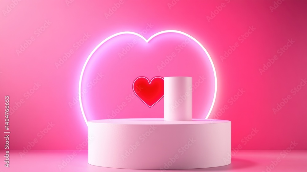Set of 3D podium valentine day background with pink, red, white cylinder pedestal. Glow neon heart shape backdrop. Bright geometric platform. Mockup product display. Minimal wall scene. Stage showcase