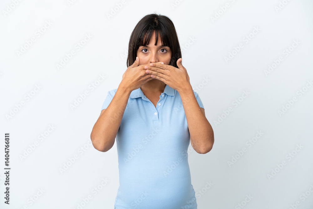 Pregnant woman over isolated white background covering mouth with hands Pregnant woman over isolated white background covering mouth with hands
