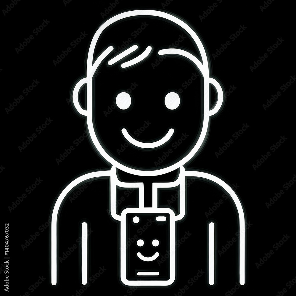 Neon Outline of a Young Man with a Smiley Face Device Hanging Around His Neck on a Black Background Neon Outline of a Young Man with a Smiley Face Device Hanging Around His Neck on a Black Background