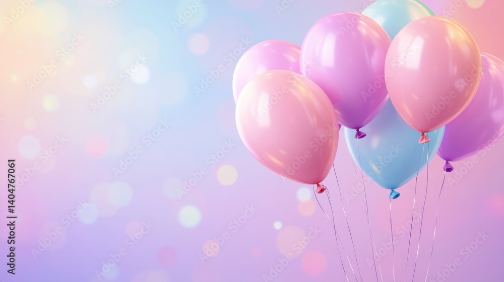 Set of colorful realistic helium balloons floating on blurred background, birthday party celebration. Vivid pastel symbols for birthday, party, wedding, promotion banners, or posters.