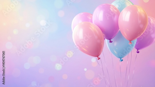 Obraz na płótnie Set of colorful realistic helium balloons floating on blurred background, birthday party celebration. Vivid pastel symbols for birthday, party, wedding, promotion banners, or posters. w salonie