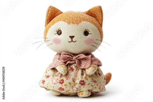 Cute Stuffed Fabric Cat Doll in Dress on White Background