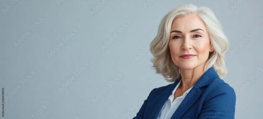 Proud happy confident old mature professional business woman corporate leader, senior middle aged female executive, lady bank manager standing in office arms crossed looking at camera, portrait.