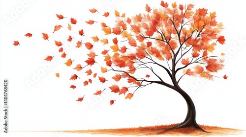 Autumn tree with leaves blowing in the wind on white background.