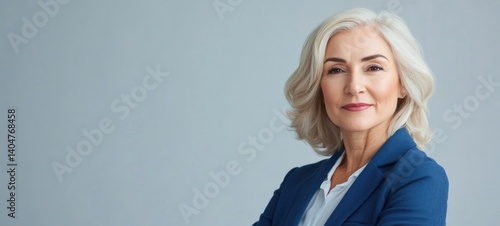 Obraz na płótnie Proud happy confident old mature professional business woman corporate leader, senior middle aged female executive, lady bank manager standing in office arms crossed looking at camera, portrait. w salonie