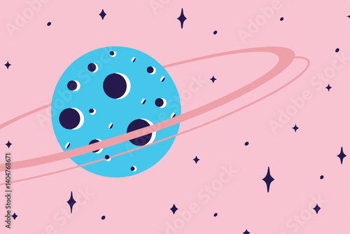 Cartoon Planet With Rings Against A Starry Pink Sky Illustration