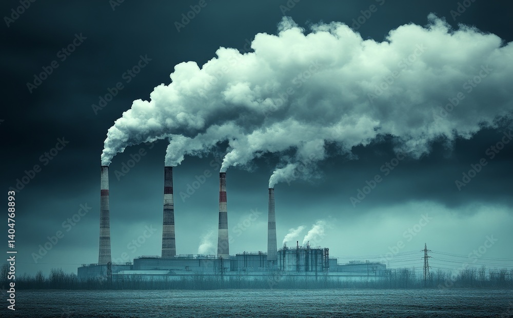 Plumes of smoke rise from factory chimneys, enveloped by a hazy sky, emphasizing the effects of pollution on the environment Plumes of smoke rise from factory chimneys, enveloped by a hazy sky, emphasizing the effects of pollution on the environment