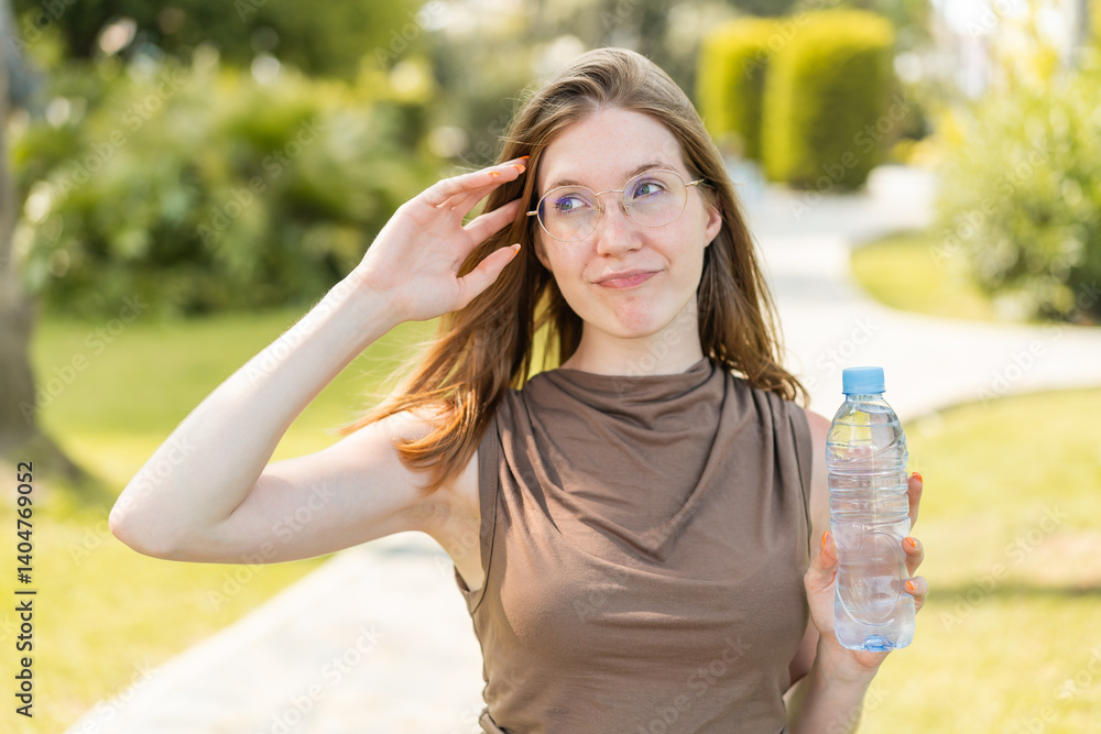 French girl with glasses holding a bottle of water at outdoors having doubts and with confuse face expression French girl with glasses holding a bottle of water at outdoors having doubts and with confuse face expression