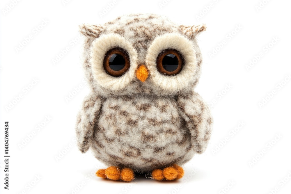 Obraz premium Owl Plush Toy Standing on White Background, Eyes Forward