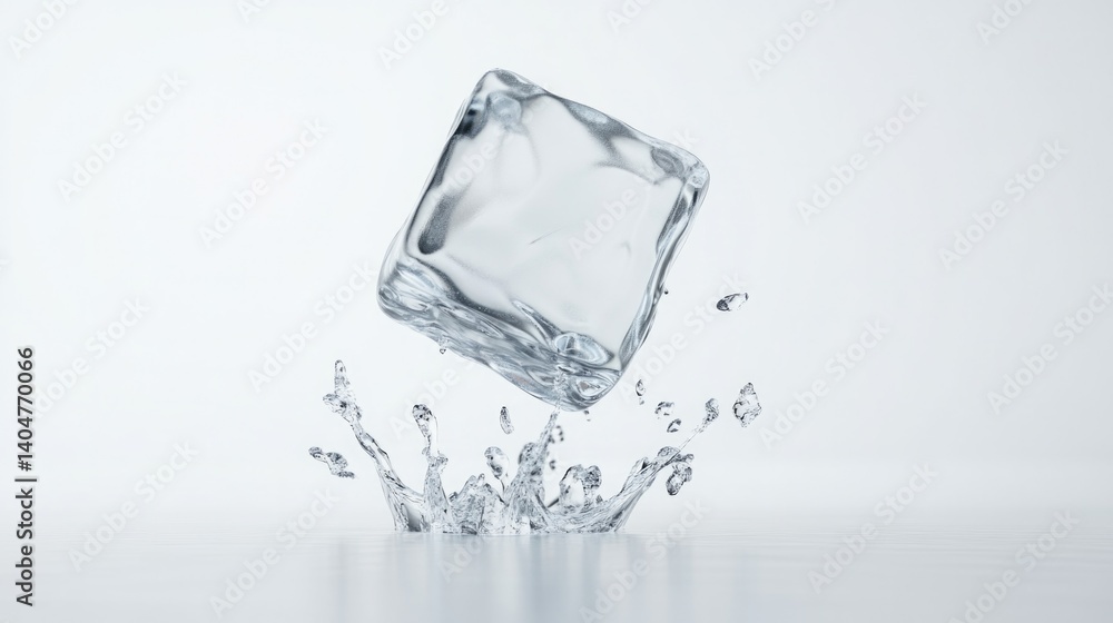 Falling ice cube, isolated on white background, full depth of field
