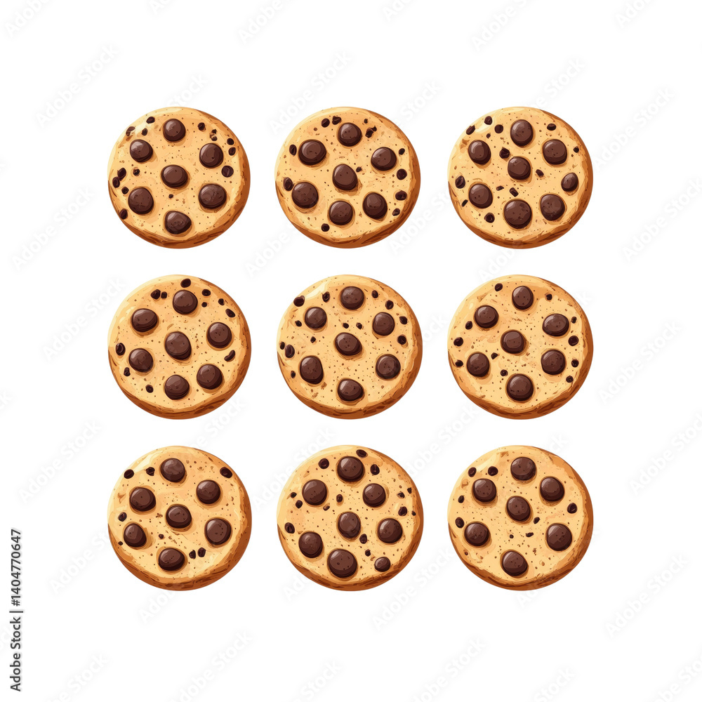 Nine Delicious Chocolate Chip Cookies, Overhead View Nine Delicious Chocolate Chip Cookies, Overhead View
