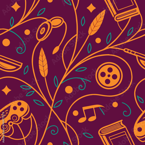 A seamless vector pattern representing the theme of hobbies and leisure with creative and visually engaging elements in a repeating style suitable for design and decor.