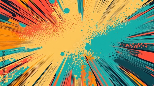 Abstract colorful burst background with paint splatters and radiating lines.