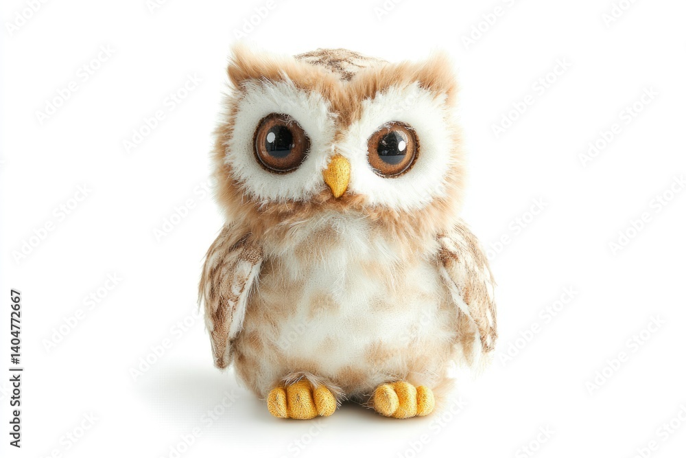 Obraz premium Cute Owl Plush Toy Sitting on White Background