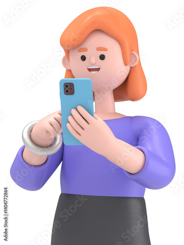 3D illustration of European businesswoman Ellen holding phone on the mobile screen.Transparent Background Mockup.Supports PNG files with transparent backgrounds.