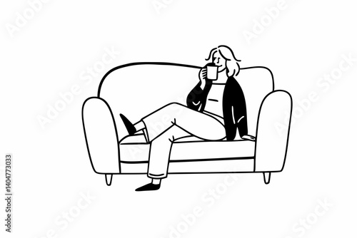 Happy beautiful relaxed mature older adult grey-haired woman drinking coffee relaxing on sofa at home. Smiling stylish middle aged 60s lady enjoying resting sitting on couch in modern living room