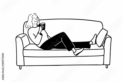 Happy beautiful relaxed mature older adult grey-haired woman drinking coffee relaxing on sofa at home. Smiling stylish middle aged 60s lady enjoying resting sitting on couch in modern living room