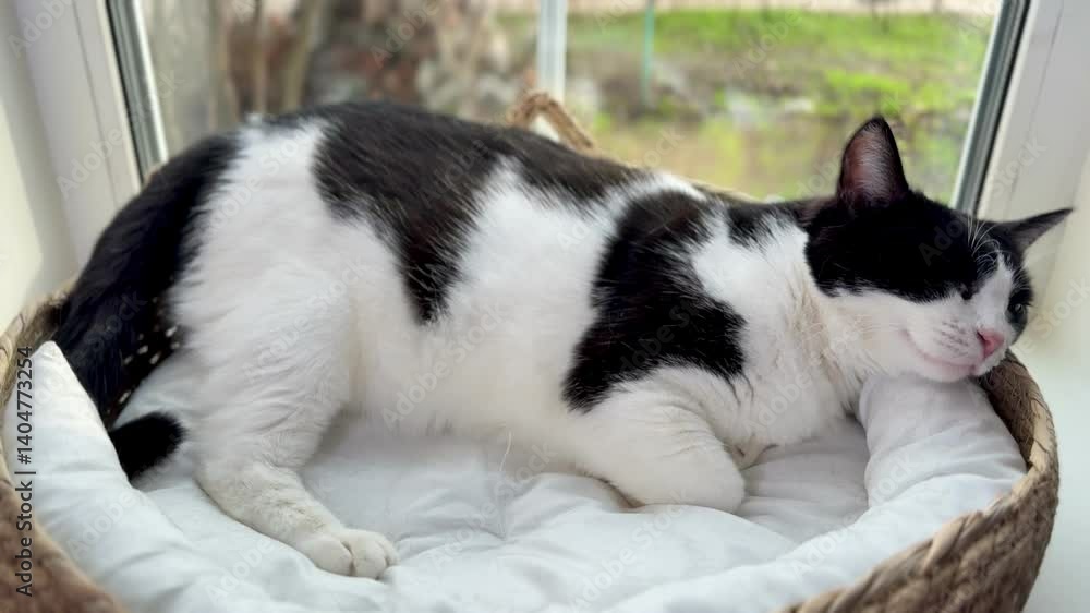 Portrait of black and white cat lying in wicker soft bed and looking out window Portrait of black and white cat lying in wicker soft bed and looking out window