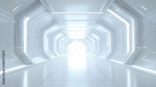 Obraz na płótnie A modern, sleek corridor with a futuristic design. The corridor features dark walls with horizontal and vertical light strips, creating a dynamic pattern w salonie